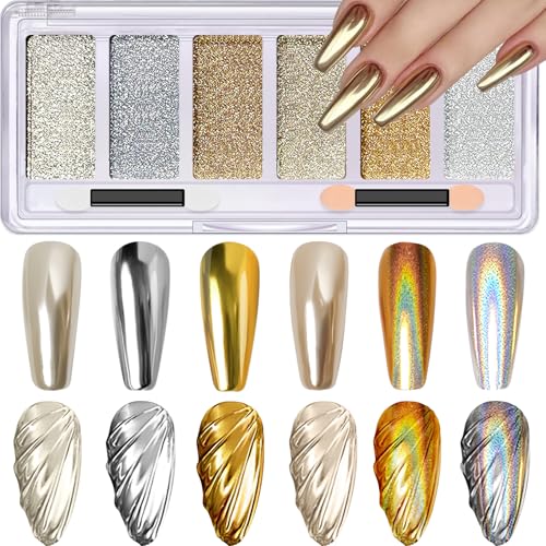 Gold Silver Chrome Nail Powder, 6 Colors Holographic Unicorn Iridescent Nail Chrome Powder, Metallic Mirror Effect Light Gold Champagne Chrome Powder Palette Pigment Glitter for Nail Art
