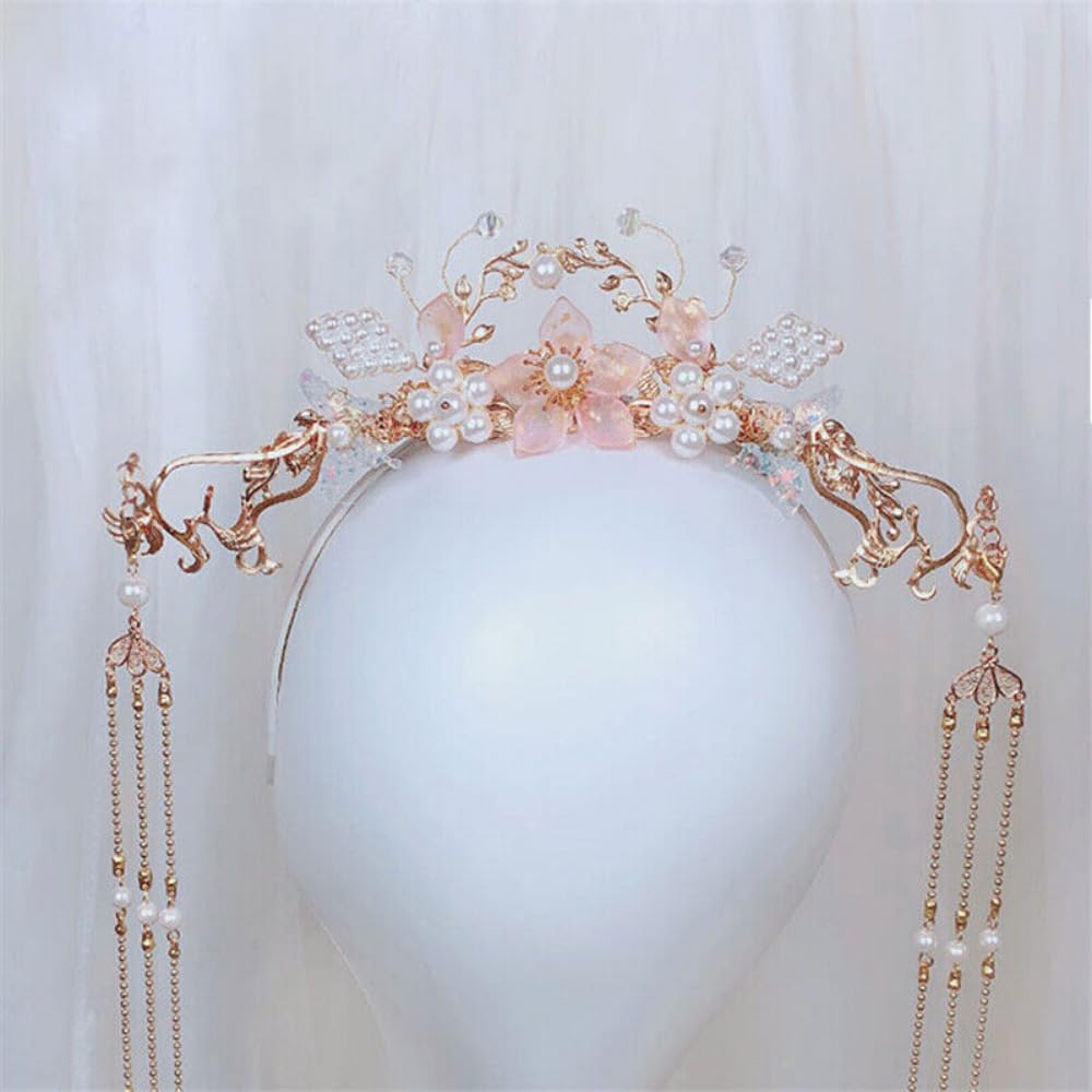 Horquilla larga china con borla larga con flor y perlas Hanfu. Accesorios para el cabello