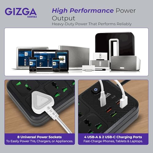Image of Gizga essentials Power Extension Board with 8 Universal Sockets, 4 USB & 2 Type C Port| Socket with 2M Cord, Surge Protector, Child Safety, Anti-Flaming Body, 10A Output, 250V Multi Plug Adapter