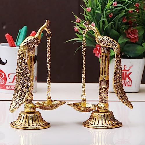 Image of Peacock Design Metal Hanging with Chain Diya Pair of Peacock Design Bird Diya Deepak Oil Lamp