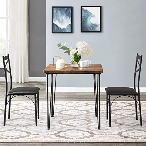 VECELO Dining Set Industrial Style 3 Pieces Kitchen Wood Table 2 Chairs with Metal Legs，Retro Brown and Black