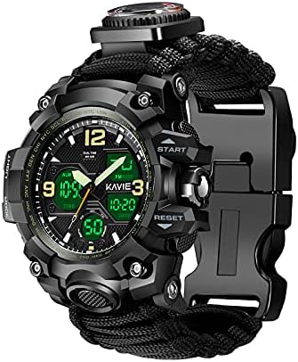 23-in-1 Survival Military Digital Watch, Mens Tactical Multi-Functional and Adjustable Wristband Outdoors Waterproof Sports Dual Dial Watches with Compass Paracord Band