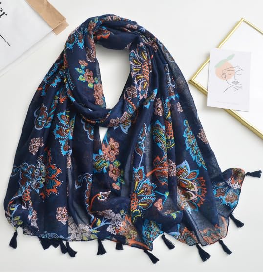 Womens Scarves Lightweight - Ladies Linen Scarfs Tassel Print Long Shawls and Wraps for Spring Autumn2