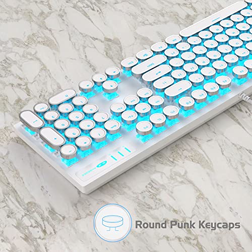 Typewriter Mechanical Gaming Keyboard And Mouse Combo, Retro Punk Round Keycap Blue Led Backlit Usb Wired Computer Keyboard For Game And Office, For Windows Laptop Pc, Red Switches(White) #TOP1