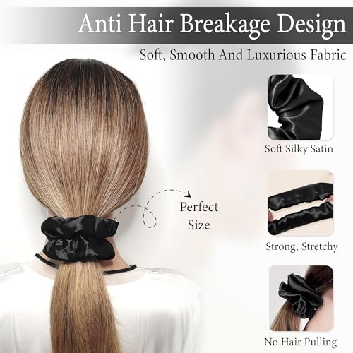 Image of GLUN Hair Bonnet Cap with 3 Satin Scrunchies Black Colour Combo, Soft Satin Cloth Bonnet Cap Prevents Hair Breakage, Sleep Cap for Frizz Control & Moisture Retention, Ideal for Curly & Natural Hair