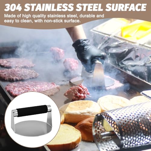 Kinfezlon Burger Smasher Set, Edelstahl Burger Smasher Set, Professionelles Burger Smasher Set, 4-TLG mit 1x Burger Smasher, 1X Burgerglocke, 2X Grillspachtel, Leckere Hamburger, Teppanyaki, BBQ usw
