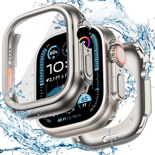 Image of 3 in 1 Goton Waterproof Hard Case for Apple Watch Screen Protector 49mm, 360 Slim Full Protective Tempered Glass Face Cover + Back Hard PC Bumper for iWatch Ultra 3 /Ultra 2 /Ultra, 49mm Titanium