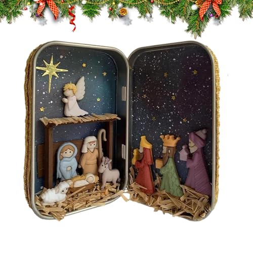 Mini Belén navideño en caja metálica | Belén portátil de bolsillo, mini figuras 3D de resina de la Sagrada Familia y el Niño Jesús, para decoración religiosa de interiores en familia y con seres queri