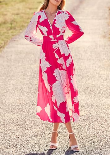 PRETTYGARDEN Women's Floral Midi Dress Casual Fall V Neck Long Sleeve Flowy Spring Beach Wedding Guest Vacation Dresses