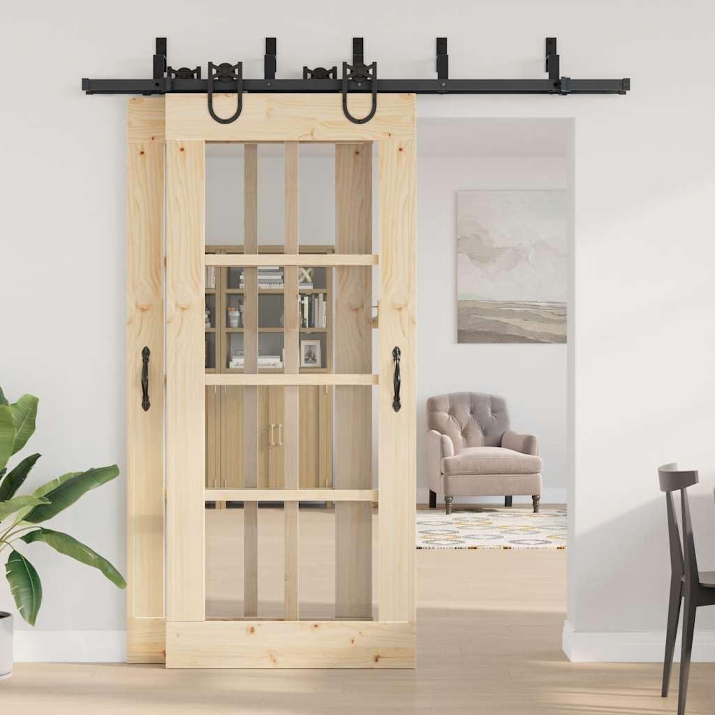 Juego de herrajes para puerta corredera de 200 cm de acero con recubrimiento en polvo negro con ruedas, topes de puerta, soporte de derivación para puertas de granero, accesorios de montaje