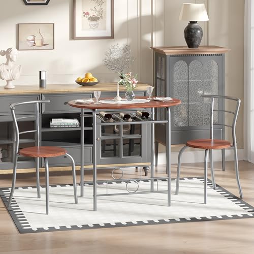 Image of VECELO 3-Piece Dining Table Set for Kitchen Breakfast Nook, Wood Grain Oval Tabletop and Metal Frame with Built-in Wine Rack, for Small Spaces, Brown & Silver