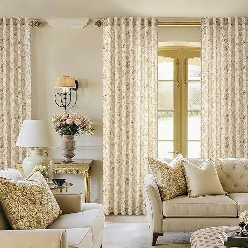 Image of Floral 108 Inches Long Sheer Curtains for Living Room Tan Beige with Flower