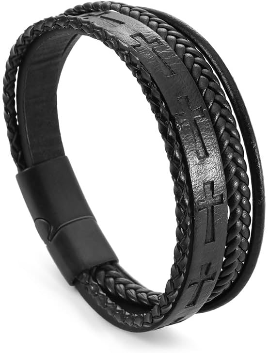 Cross Bracelet for Men,Black/Brown Multi-Layer Leather Cross Bracelet with Stainless Steel Buckle Religious Wristband Christian Jewelry 21 cm 8.26 inches