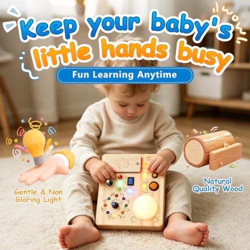 Image of Montessori Busy Board for Toddlers 1-3 Years Old, Wooden Sensory Board with LED Lights, Interactive Activity Toy with Switches, Travel Toy Gift for Boys Girls
