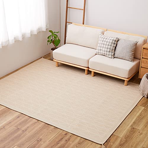 萩原 ラグ ベージュ 約130×185cm  洗濯機で洗える 滑りにくい加工付き 綿100% 幾何学柄 ヘリンボーン風 タッセル付き クラック_ベージュ