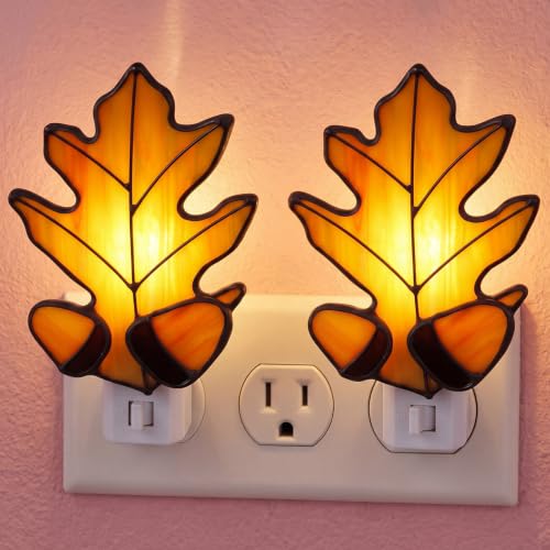 Baquler 2 Pcs Stained Glass Maple Leaf Night Light Plug into Wall Orange Maple Leaf Fall Seasonal Light Decor for Home Bedroom Bathroom Kitchen Hallway Thanksgiving Decoration