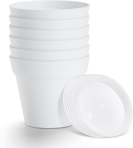 Paquete de 6 macetas de plástico con agujeros de drenaje y bandeja, macetas de interior de 7 pulgadas de grosor, macetas de vivero para flores,