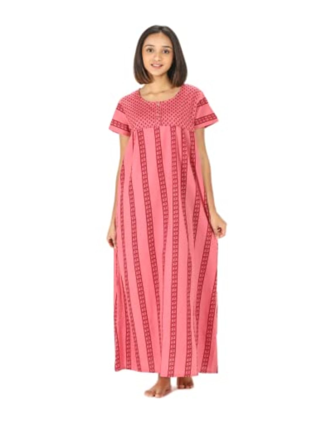 evolove Women's Cotton Long Maxi Night Gown Nighty Dress with Pocket & Stylish Button, Super Soft Comfortable (LNG-Button)-picture-0