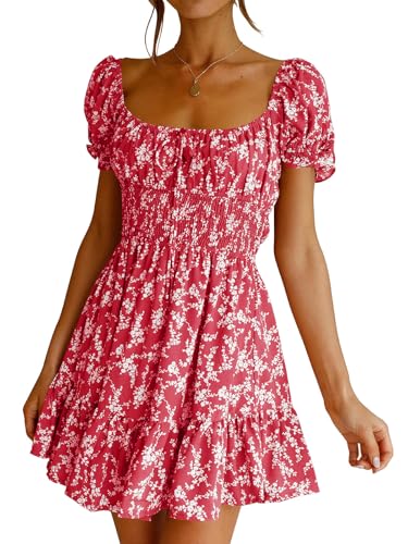 Image of Imily Bela Womens Summer Dress Ruffle Sleeve Sqaure Neck Smocked Sun Dress Casual Boho Beach Floral Mini Dress