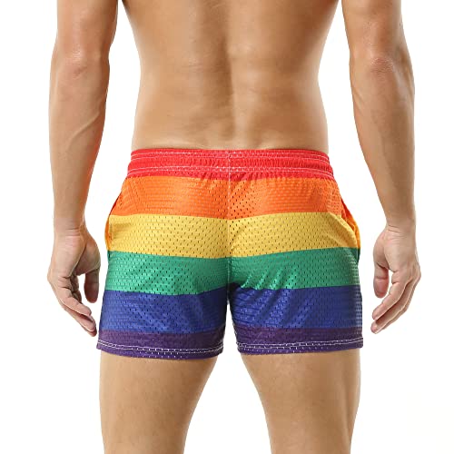 Mens Boxer Shorts Rainbow Stripe Mesh Swim Trunks Breathable with Pockets for Swimming2
