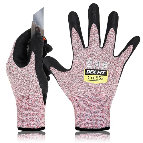 Image of DEX FIT Level 5 Cut Resistant Gloves Cru553, 3D Comfort Stretch Fit, Power Grip, Durable Foam Nitrile, Smart Touch, Machine Washable, Thin & Lightweight, Red 10 (XL) 1 Pair