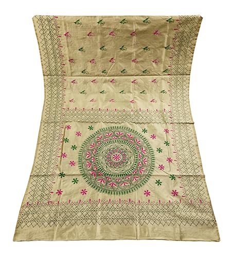 Image of SHRISTI CLOTHINGS Women's Hand Embroidered Cotton Silk Kantha Stitch Saree with Blouse Piece (SB420324 SWD56)