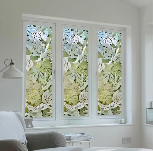 Image of WISDOM Premium Frosted Glass Window Film Self Adhesive Decorative Glass Window Privacy Sheet Film UV Control Removable Vinyl Privacy Film (Palm Leaves, 24x50 Inch)