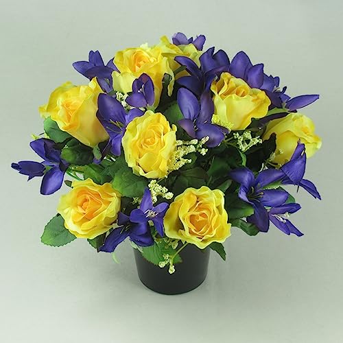 Just Because Flowers Colourful Artificial/Silk Flower Grave Arrangement with Yellow Roses and