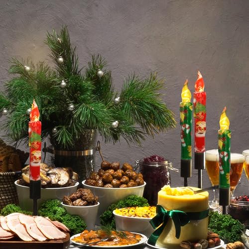 Image of Christmas Flameless Short Taper Candles, Red Green LED Battery Operated with Remote, Flickering Flame Lights for Home Decor, 6.7 Inch Primitive Flameless Print Candles, 4PCS