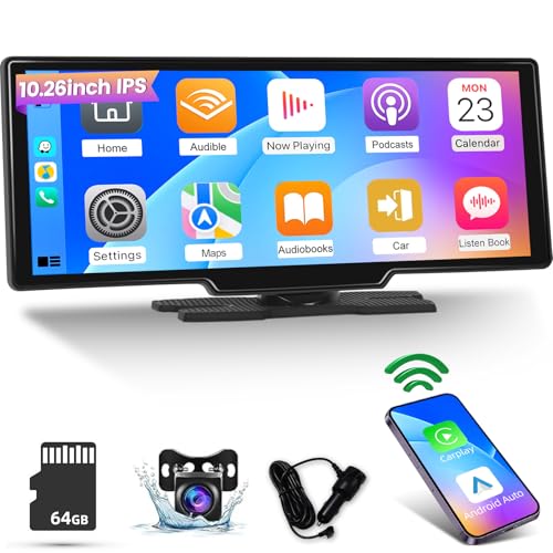 Apple Car Play Screen 10.3 inch Carplay Screen Portable IPS Car Touchscreen Unit, Wireless Android Auto FM Transmission Bluetooth for 7V-32V Vehicles +AHD Reverse Camera +64G TF Card