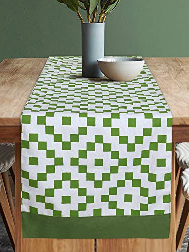 Image of Dekor World Fun with Checks Printed Green Table Runner (33x120cm) (Pack of 1)-4 Seater Dinning & Center Table