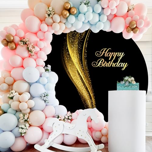 Jditngp Black and Gold Happy Birthday Round Backdrop Cover 7.2ft Black Background for Photography Gold Shining Sequins Birthday Party for Women Man Adult Kids Photo Portrait Photo Studio Props by Jditngp - Used condition - Image 5