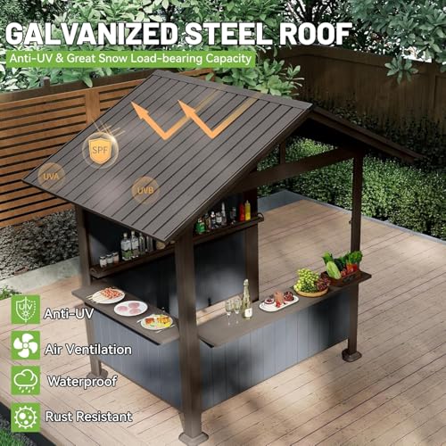 Image of 9x10FT Hardtop Grill Gazebo, Lean to Outdoor BBQ Shelter with Galvanized Steel Slanted Roof, Permanent Metal Grilling Station with Storage Shelves & Bar Platform for Patio (Gray, 9.4x6.2FT)