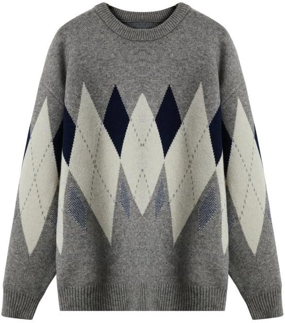 Round Neck Sweater for Men Casual Plaid Loose Long Sleeved Top Knitted Base Sweaters