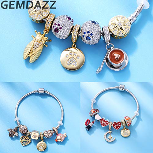 GEMDAZZ Sparkling Puppy Paw Print Charms in 925 Sterling Silver, Pave Dog Pawprint CZ Round Beads and Always in My Heart Charms, Gift for Animal Lover, fit European Women Bracelet/Necklace4
