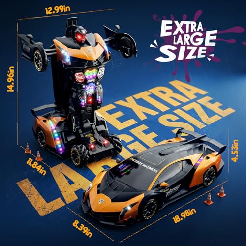 Image of Holyton 1:10 Transforming RC Car, Large Gesture-Sensing Remote Control Car with One-Button Transformation, LED Lights, Fog Spray, 2 Rechargeable Batteries for 80-Min Playtime, Gift for Kids Ages 5-12