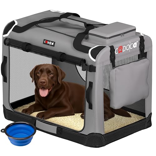 CADOCA® XXL Dog Crate | 90x60x66cm | Foldable Breathable Car Pet Transport Box | Dog Travel Crate | Robust Pet Vet Holiday Cat Carrier Puppy Kitten Rabbit | Light Grey