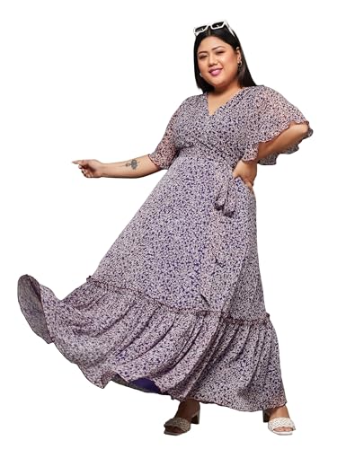 Image of Miss Chase A+ Women's Bohemian V-Neck Flutter Sleeve Chiffon Relaxed Fit Wrap Maxi Dress