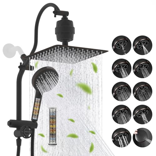 Image of Hibbent 10 inch Dual Filtered 10 inch Rainfall Shower Head with Handheld 10-Spray | High Pressure Metal Oil-Rubbed Bronze Showerhead Combo with Filter, Extension Arm with 4-way Diverter, 71'' Hose & Holder