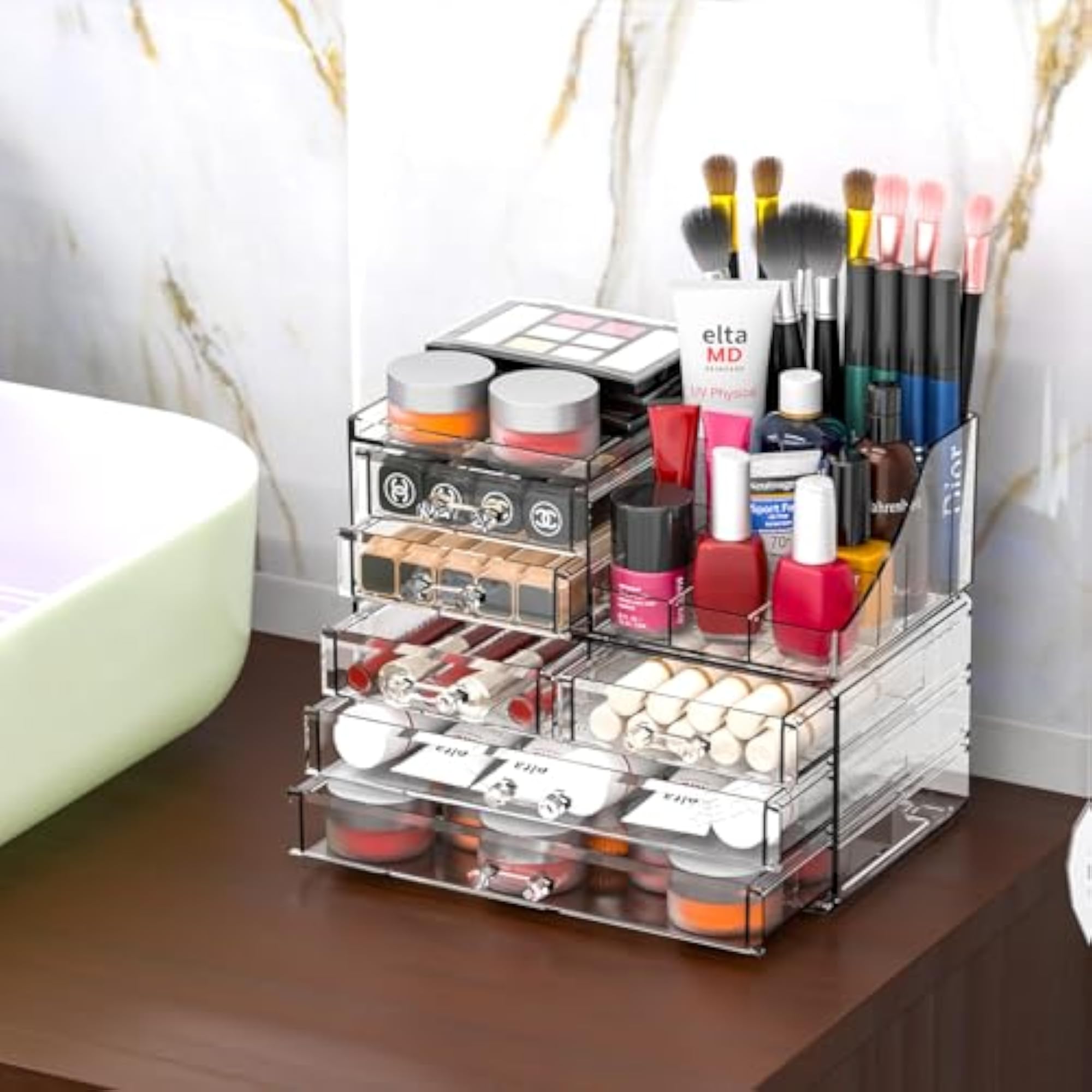 2 Pack Clear Makeup Organizer Countertop, Stackable Drawers