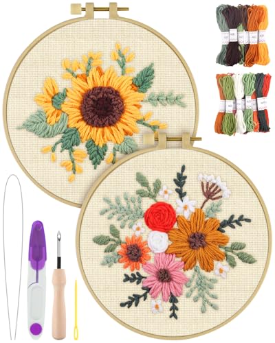 Image of ERKOON Punch Needle Kit Adults Beginners, 2 Pcs DIY Easy Flower Embroidery Set for Starter Art Craft, Needling Punching Project with Patterns, Tools, Yarns, Hoop, Instruction (Colorful Flowers)