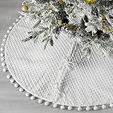 Starry Dynamo 48-Inch White Pom-Pom Christmas Tree Skirt Bubble Stitched Surface with Drawstring...