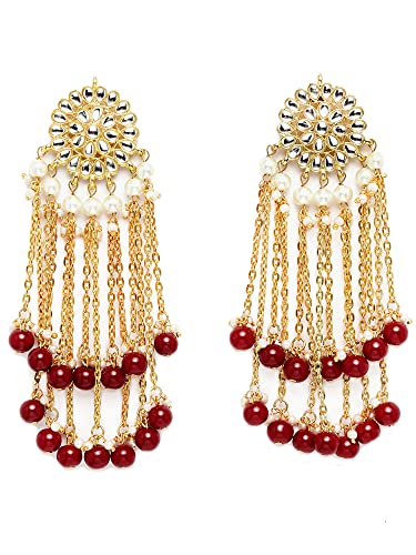 Image of Karatcart Kundan Tassel Earrings for Women (Pink and Green Beads)