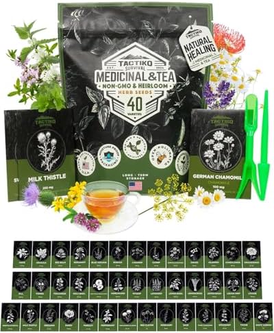 Tactiko Survival 40 Medicinal and Tea Herb Seeds Variety Pack, In...