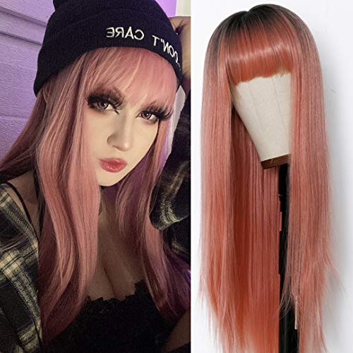 EVLYNN Pink Straight Wigs With Air Bangs Dark Rooted Ombre Pink Hair Heat Resistant Synthetic Fiber Glueless Wig 26 Inches Long Full Machine Wigs For Women
