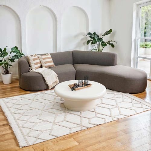 Image of Hauteloom Hive Farmhouse Living Room Bedroom Modern Moroccan Trellis Area Rug - Soft Shaggy High Low Carpet - High Pile - Bohemian, Boho - Gray, Brown, Beige, Cream - 6'7 inch x 9'