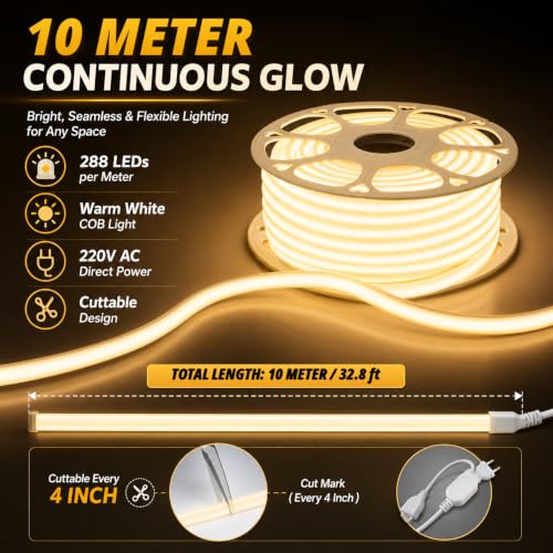 Image of One94Store 10M Warm White LED Neon Strip Light, 10mm Waterproof Flexible COB Rope Light, Cuttable Strip for Indoor Outdoor Wall Decor, Home, Shop, Party & Festival, 6 Month Warranty
