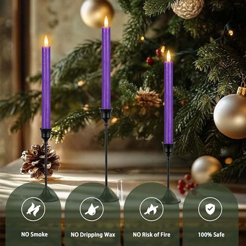 Image of Purple LED Flameless Taper Candles, 6 Pack Real Wax Flickering Candlesticks with 10-Key Remote, Battery Operated Tall Taper Candles for Home, Wedding, and Party Decor
