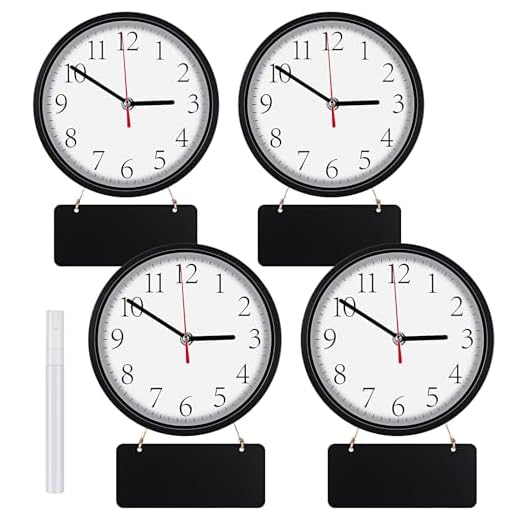 Inbagi 4 Pieces Wall Clocks Set Include Quartz Wall Clock Battery Operated Round Clock with 4 Pieces Hanging Chalkboard and White Marker Pen for Hotel Office Home Room Kitchen(8 Inch,Black)