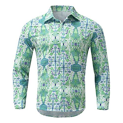 Tops for Men Large Size Colorful Printed T-Shirt Lapel Slim Fit Long Sleeve Autumn Casual Lightweight Blouse Tee (15 Green, XL)